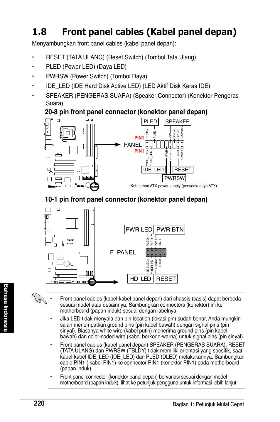 8 front panel cables (kabel panel depan), F_panel, Hd led reset pwr led pwr btn | Asus Motherboard User Manual | Page 221 / 721