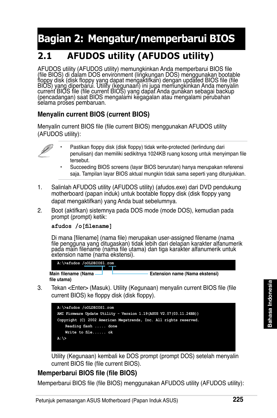 Bagian 2: mengatur/memperbarui bios, 1 afudos utility (afudos utility), Menyalin current bios (current bios) | Memperbarui bios file (file bios) | Asus Motherboard User Manual | Page 226 / 721