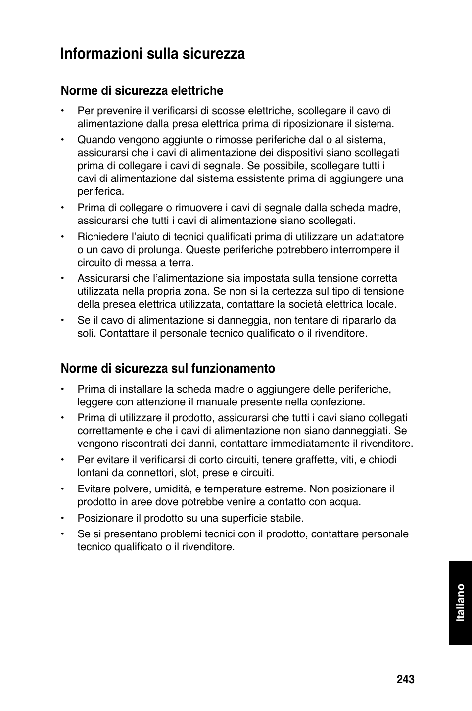 Informazioni sulla sicurezza, Norme di sicurezza elettriche, Norme di sicurezza sul funzionamento | Asus Motherboard User Manual | Page 244 / 721