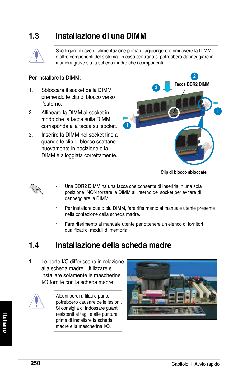 3 installazione di una dimm, 4 installazione della scheda madre | Asus Motherboard User Manual | Page 251 / 721