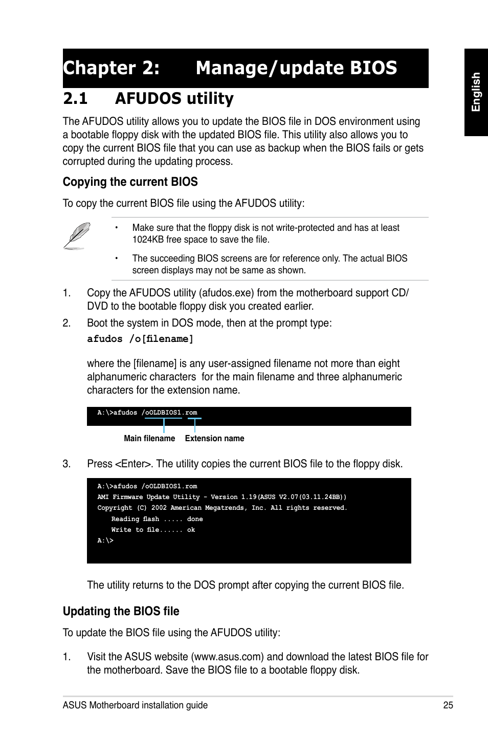 Chapter 2: manage/update bios, 1 afudos utility | Asus Motherboard User Manual | Page 26 / 721