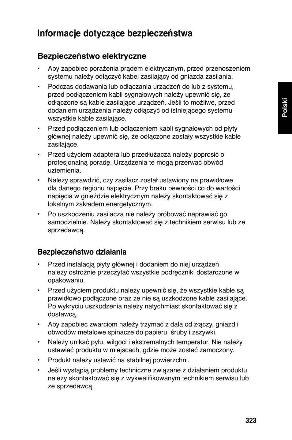 Informacje dotyczące bezpieczeństwa, Bezpieczeństwo elektryczne, Bezpieczeństwo działania | Asus Motherboard User Manual | Page 324 / 721