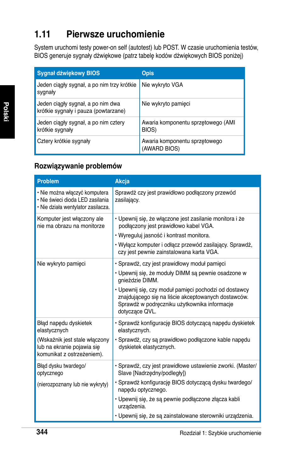 11 pierwsze uruchomienie, Rozwiązywanie problemów | Asus Motherboard User Manual | Page 345 / 721