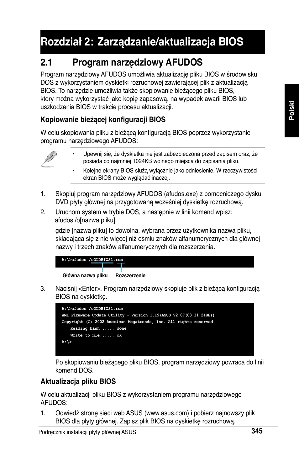 Rozdział 2: zarządzanie/aktualizacja bios, 1 program narzędziowy afudos | Asus Motherboard User Manual | Page 346 / 721