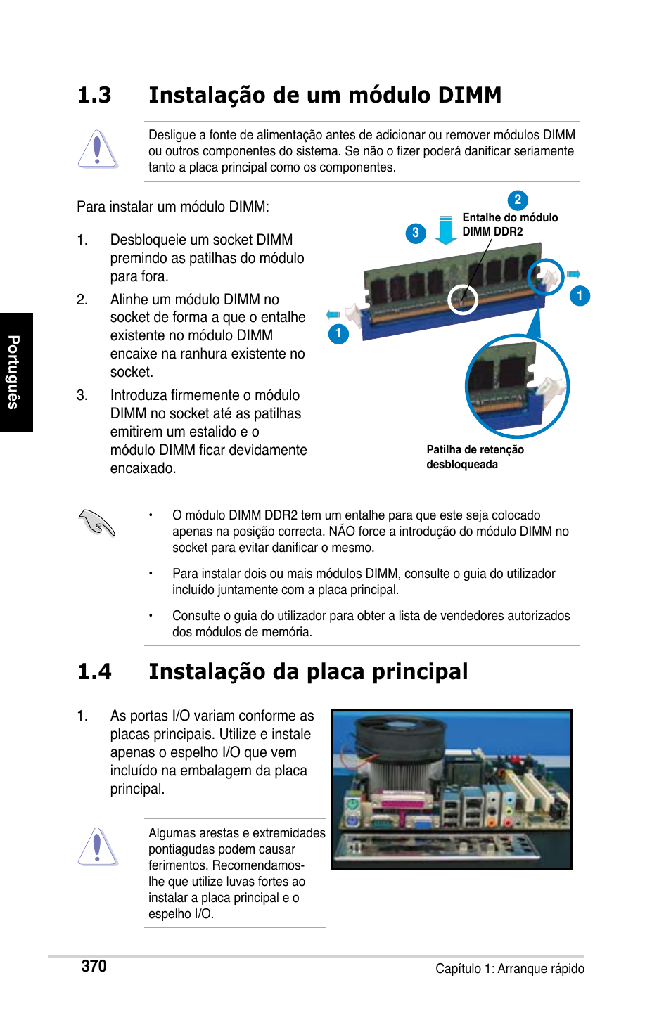 3 instalação de um módulo dimm, 4 instalação da placa principal | Asus Motherboard User Manual | Page 371 / 721