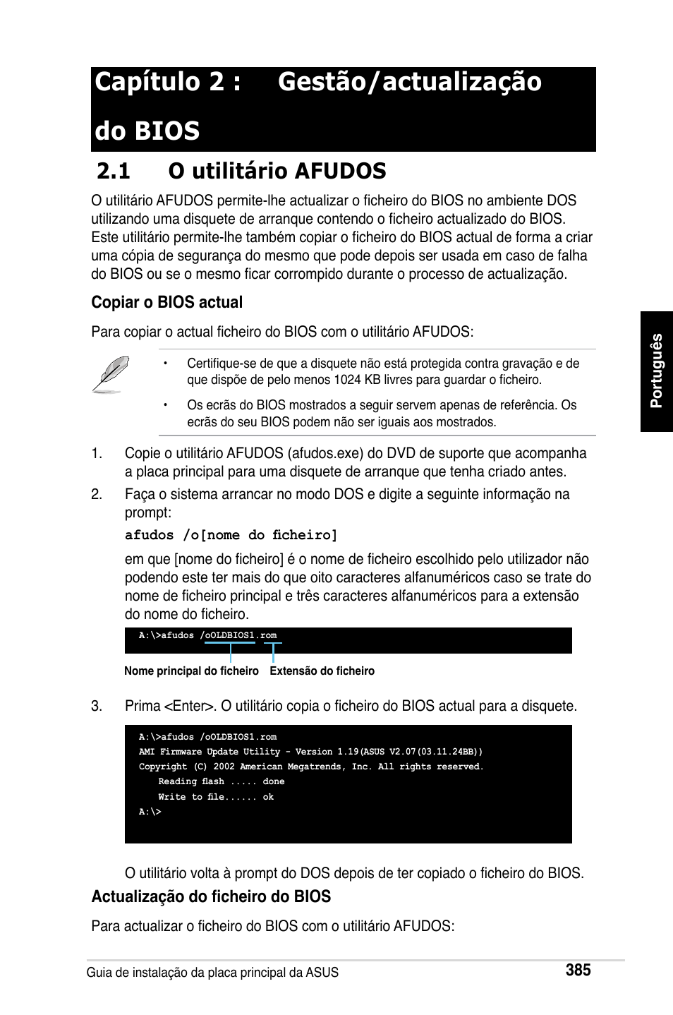 Capítulo 2 : gestão/actualização do bios, 1 o utilitário afudos | Asus Motherboard User Manual | Page 386 / 721