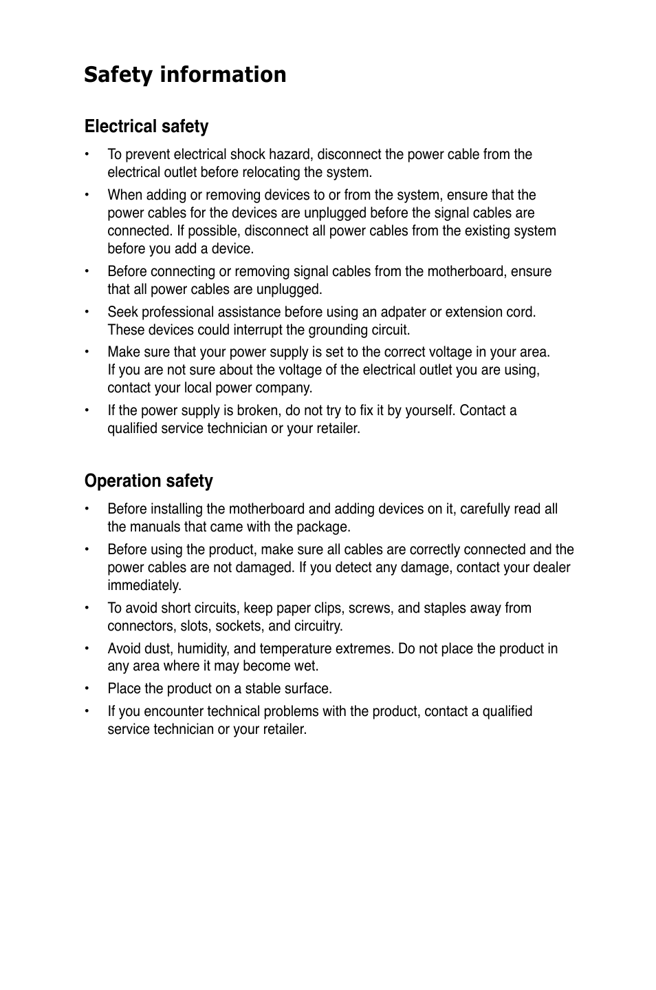 Safety information, Electrical safety, Operation safety | Asus Motherboard User Manual | Page 4 / 721