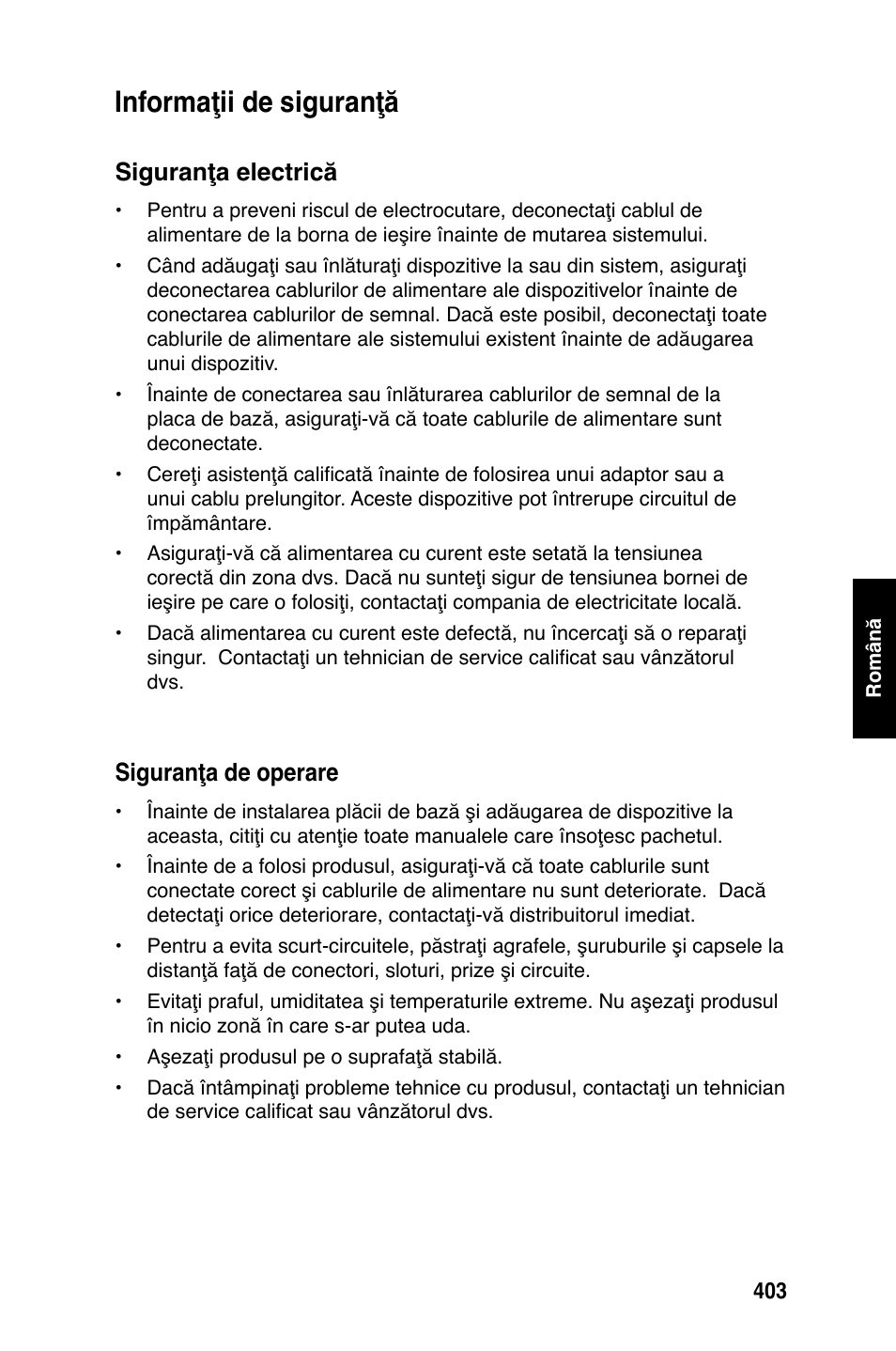 Informaţii de siguranţă, Siguranţa electrică, Siguranţa de operare | Asus Motherboard User Manual | Page 404 / 721