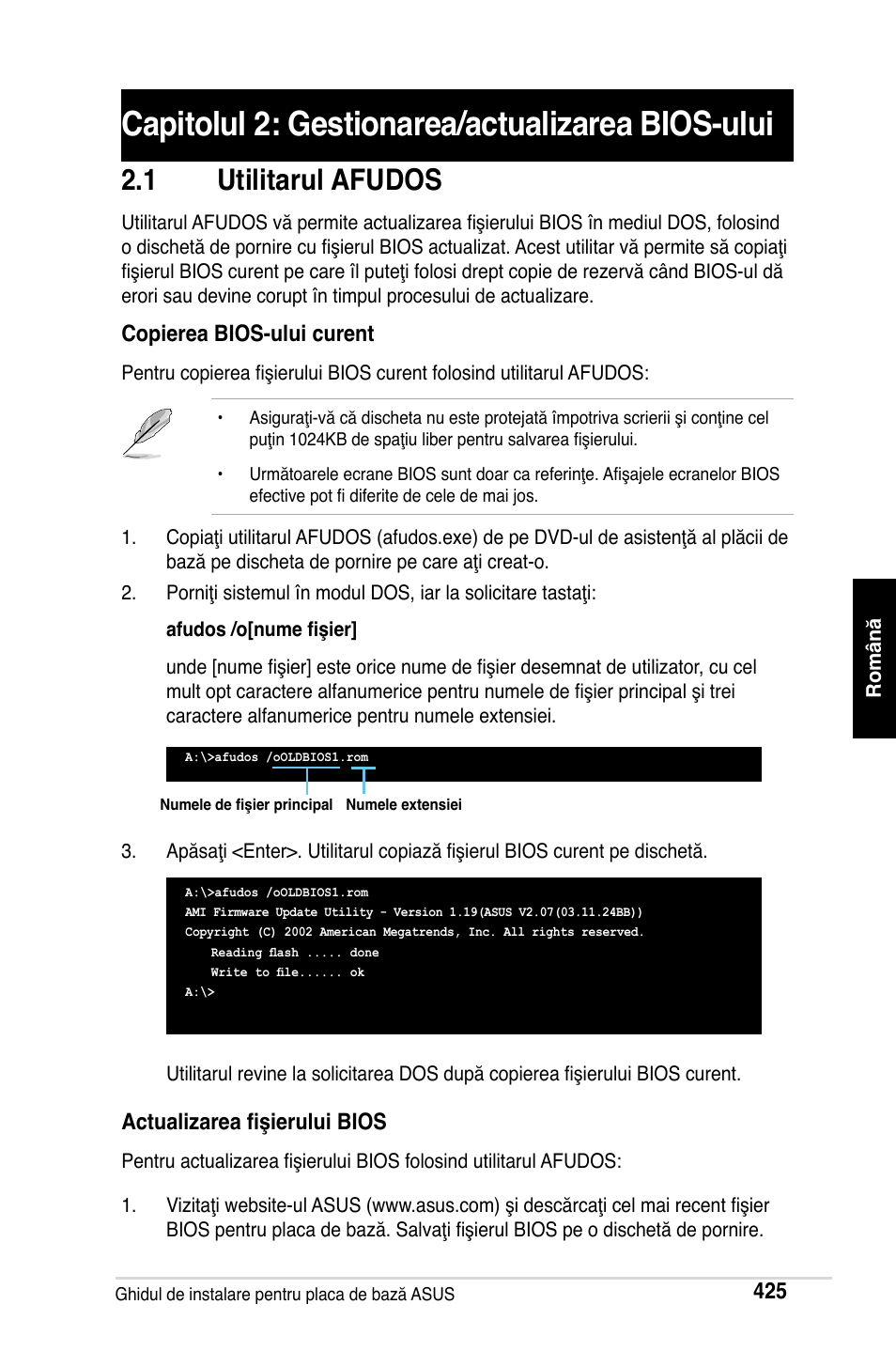 Capitolul 2: gestionarea/actualizarea bios-ului, 1 utilitarul afudos | Asus Motherboard User Manual | Page 426 / 721