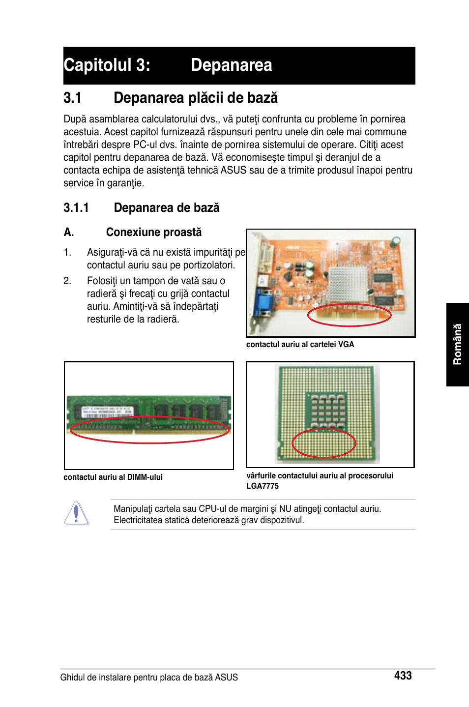 Capitolul 3: depanarea, 1 depanarea plăcii de bază, 1 depanarea de bază | Asus Motherboard User Manual | Page 434 / 721