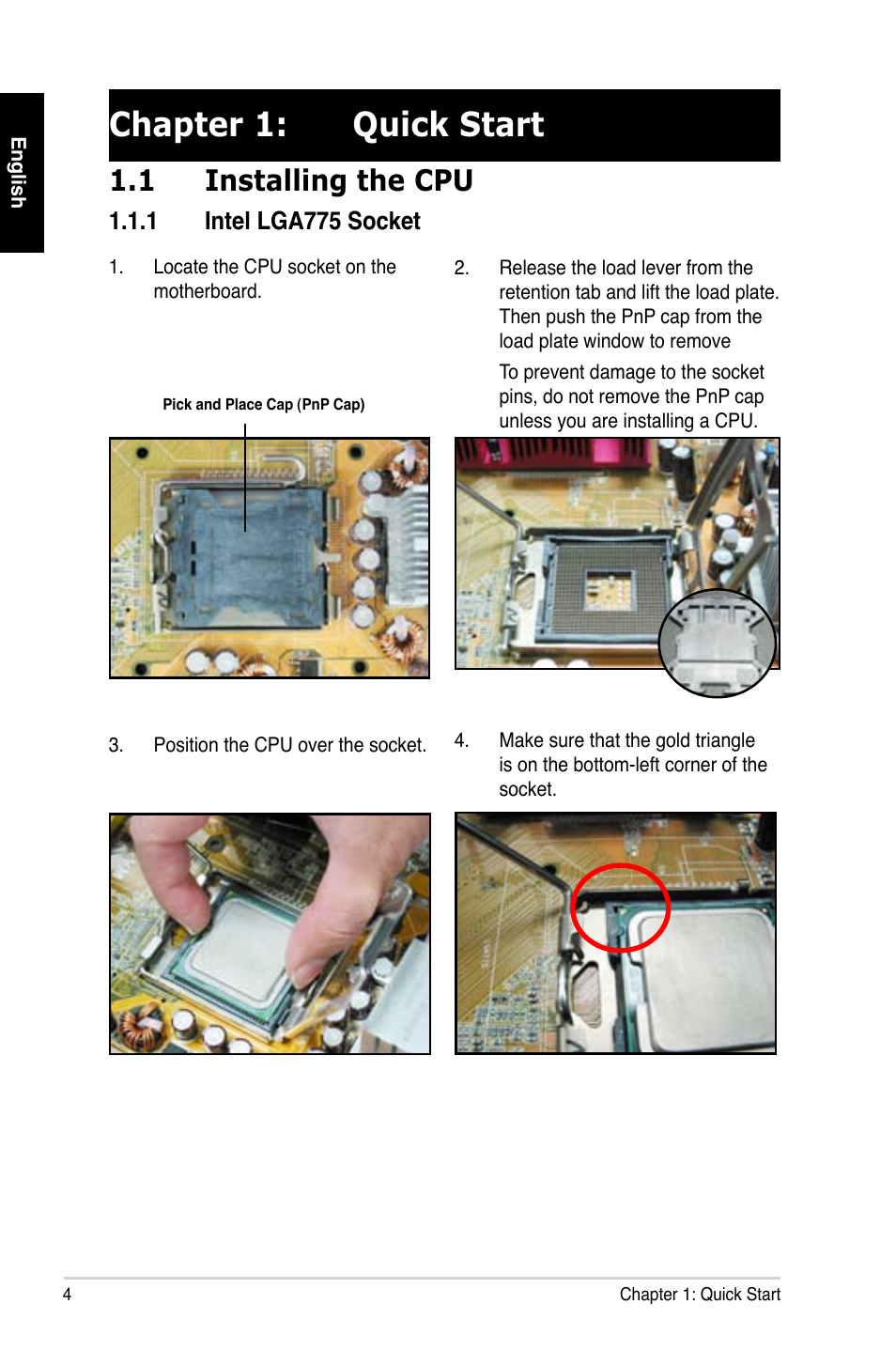 Chapter 1: quick start, 1 installing the cpu | Asus Motherboard User Manual | Page 5 / 721