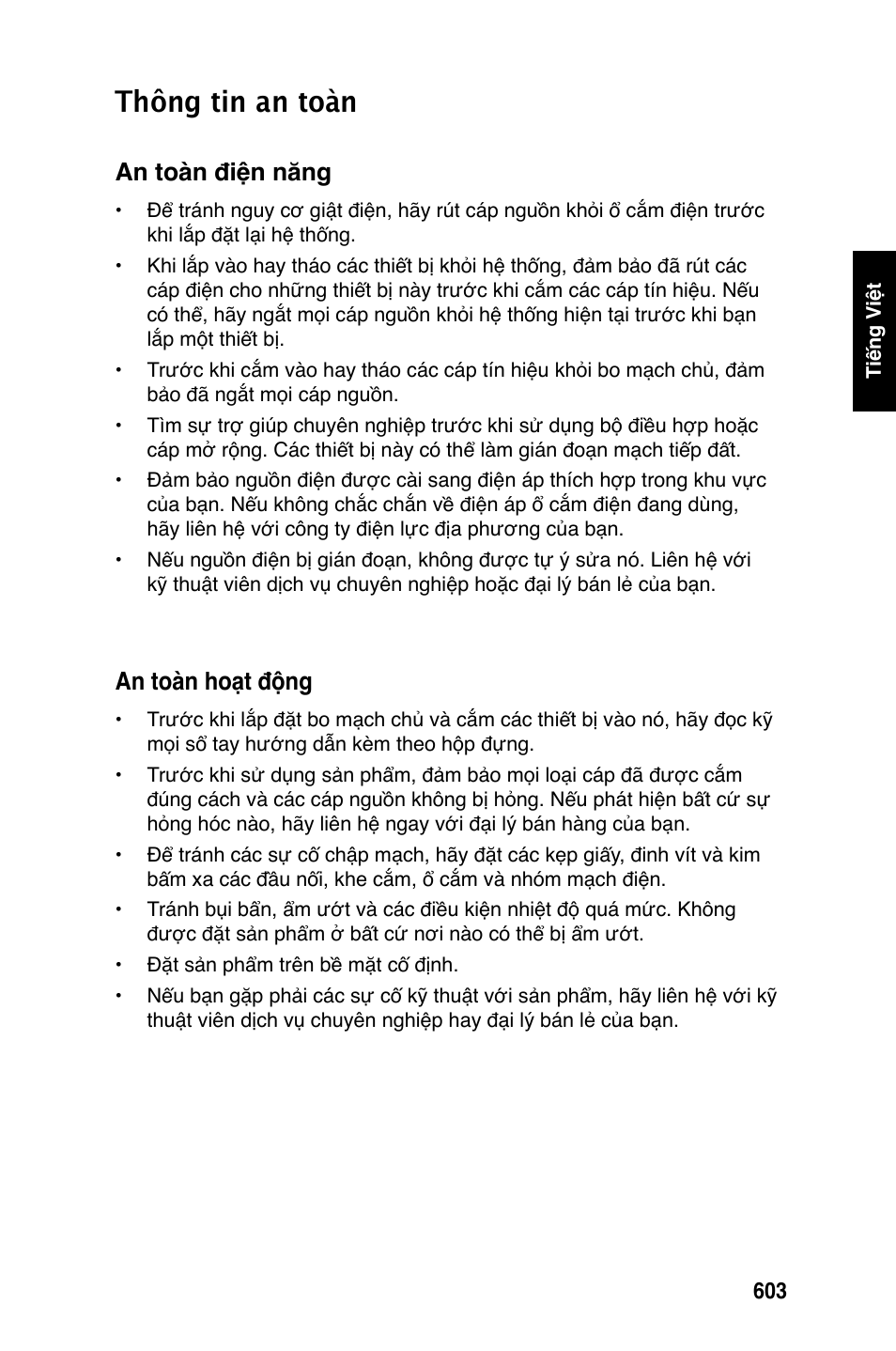 Thông tin an toàn, An toàn điện năng, An toàn hoạt động | Asus Motherboard User Manual | Page 604 / 721