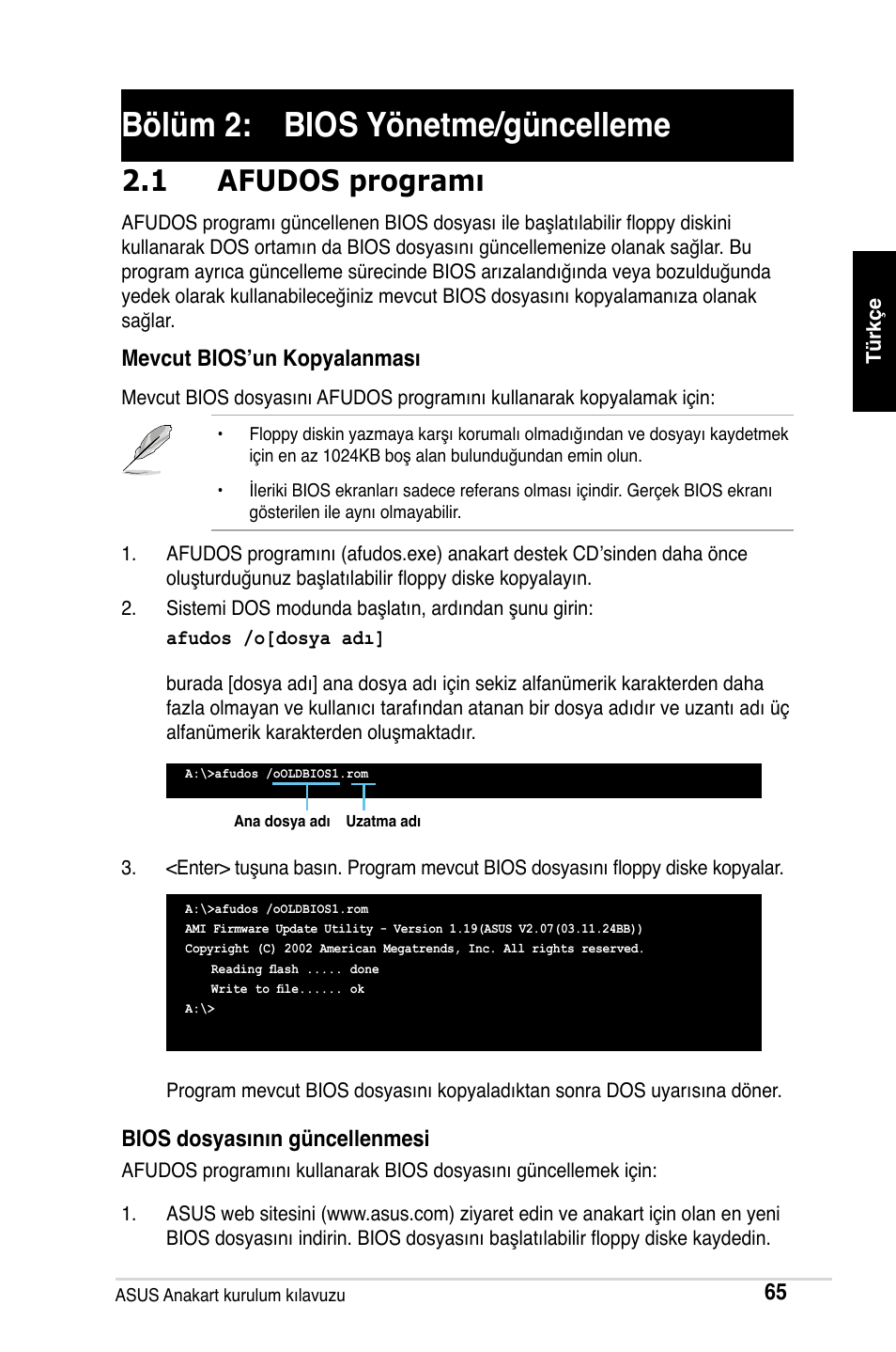 Bölüm 2: bios yönetme/güncelleme, 1 afudos programı | Asus Motherboard User Manual | Page 66 / 721