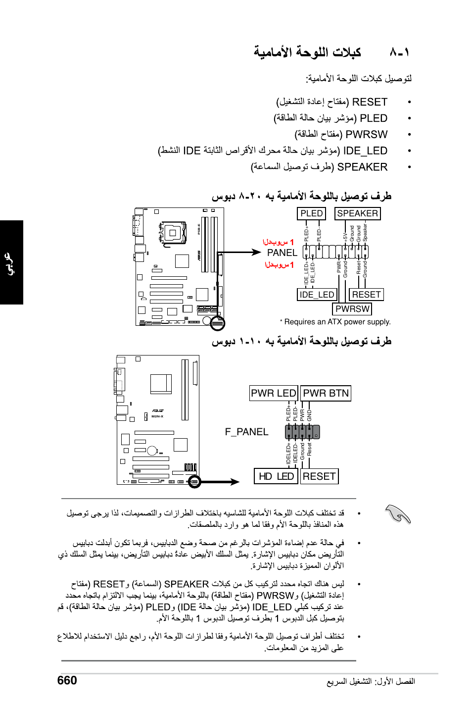 F_panel, Hd led reset pwr led pwr btn, Panel | Reset, Pwrsw, Pled speaker, Ide_led | Asus Motherboard User Manual | Page 661 / 721