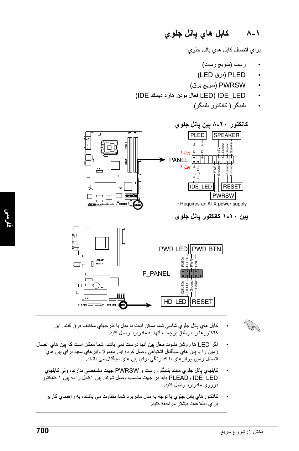 F_panel, Hd led reset pwr led pwr btn, Panel | Reset, Pwrsw, Pled speaker, Ide_led | Asus Motherboard User Manual | Page 701 / 721