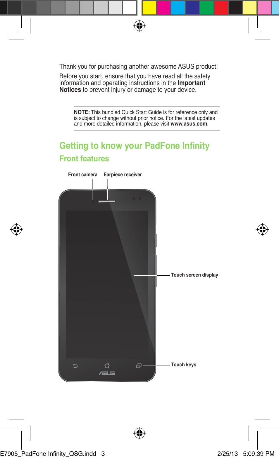 Getting to know your padfone infinity, Front features | Asus PadFone Infinity User Manual | Page 3 / 8