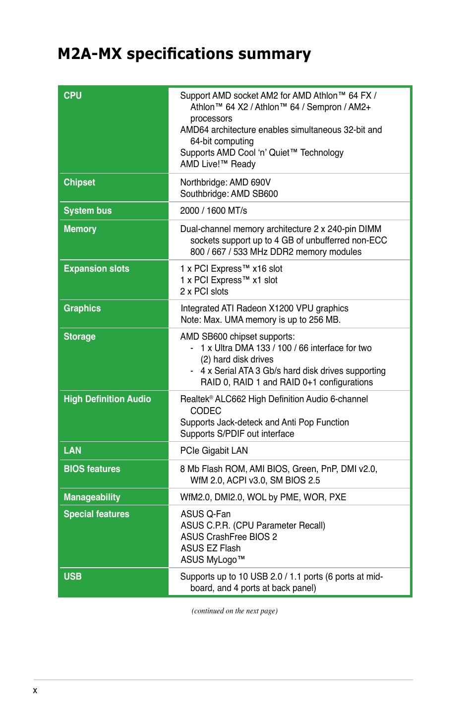 M2a-mx specifications summary | Asus M2A-MX User Manual | Page 10 / 92