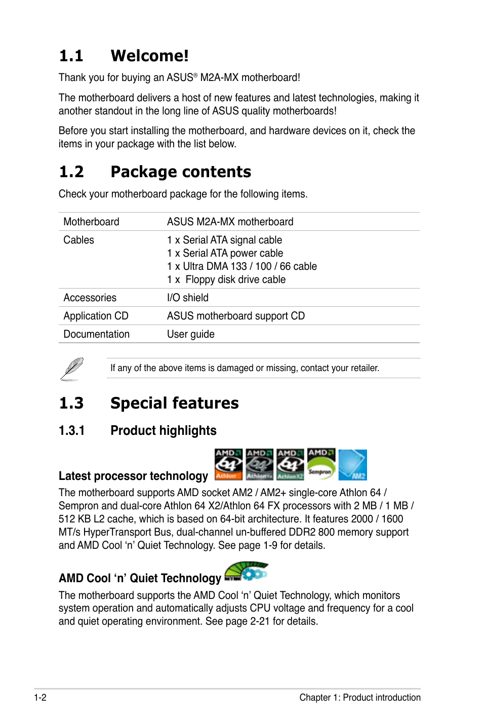 1 welcome, 2 package contents, 3 special features | Asus M2A-MX User Manual | Page 14 / 92