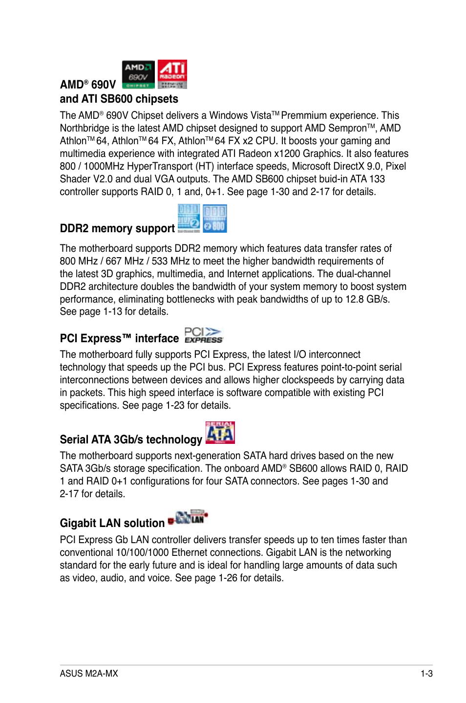 Pci express™ interface, Serial ata 3gb/s technology, Gigabit lan solution | Asus M2A-MX User Manual | Page 15 / 92