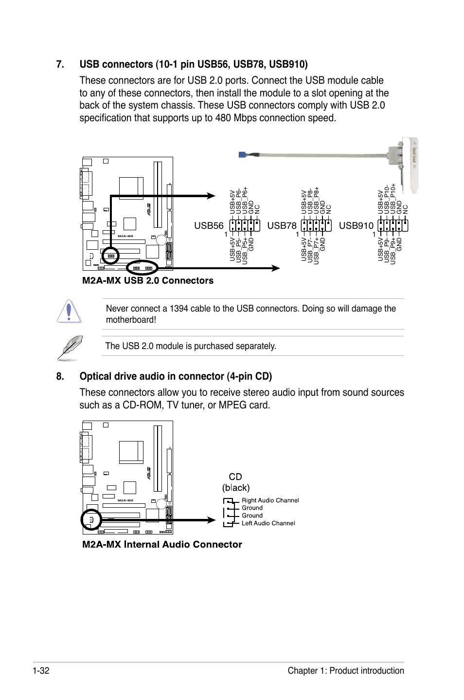 The usb 2.0 module is purchased separately, Usb56, Usb78 | Usb910 | Asus M2A-MX User Manual | Page 44 / 92