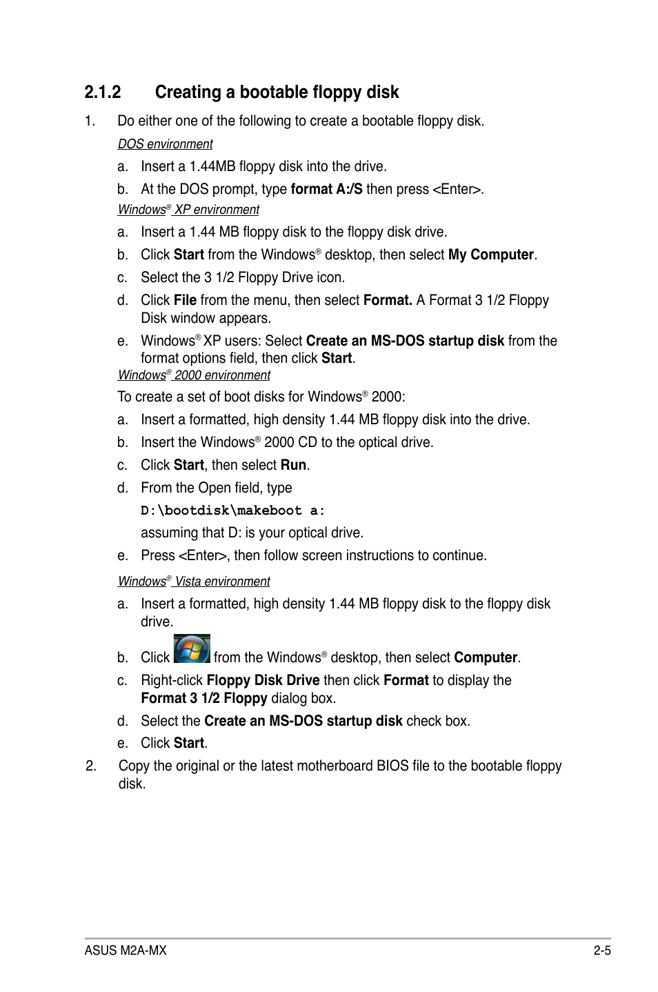 2 creating a bootable floppy disk | Asus M2A-MX User Manual | Page 53 / 92