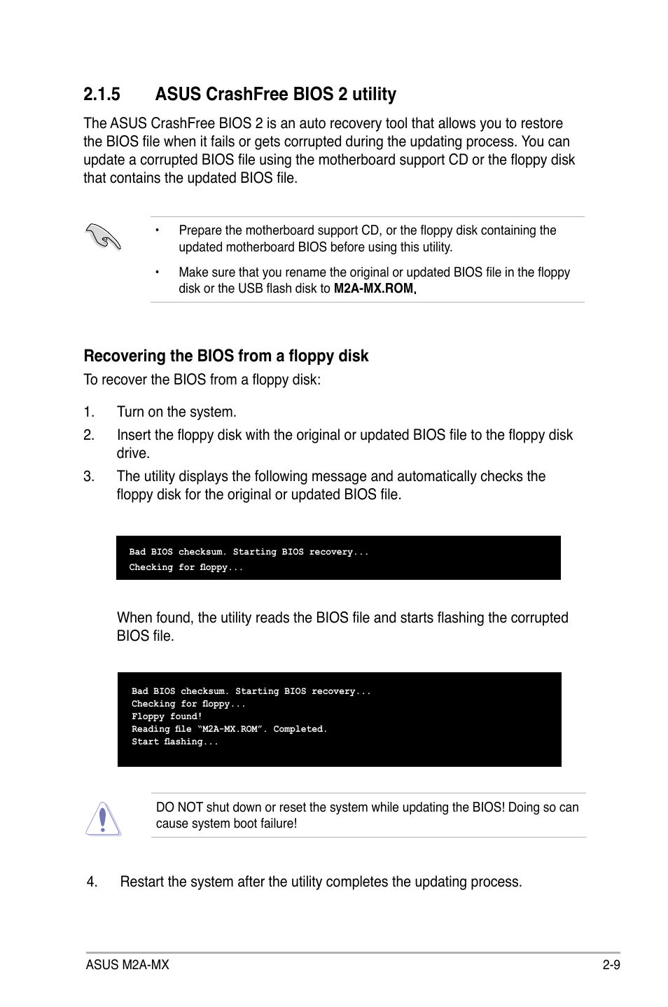 5 asus crashfree bios 2 utility, Recovering the bios from a floppy disk | Asus M2A-MX User Manual | Page 57 / 92