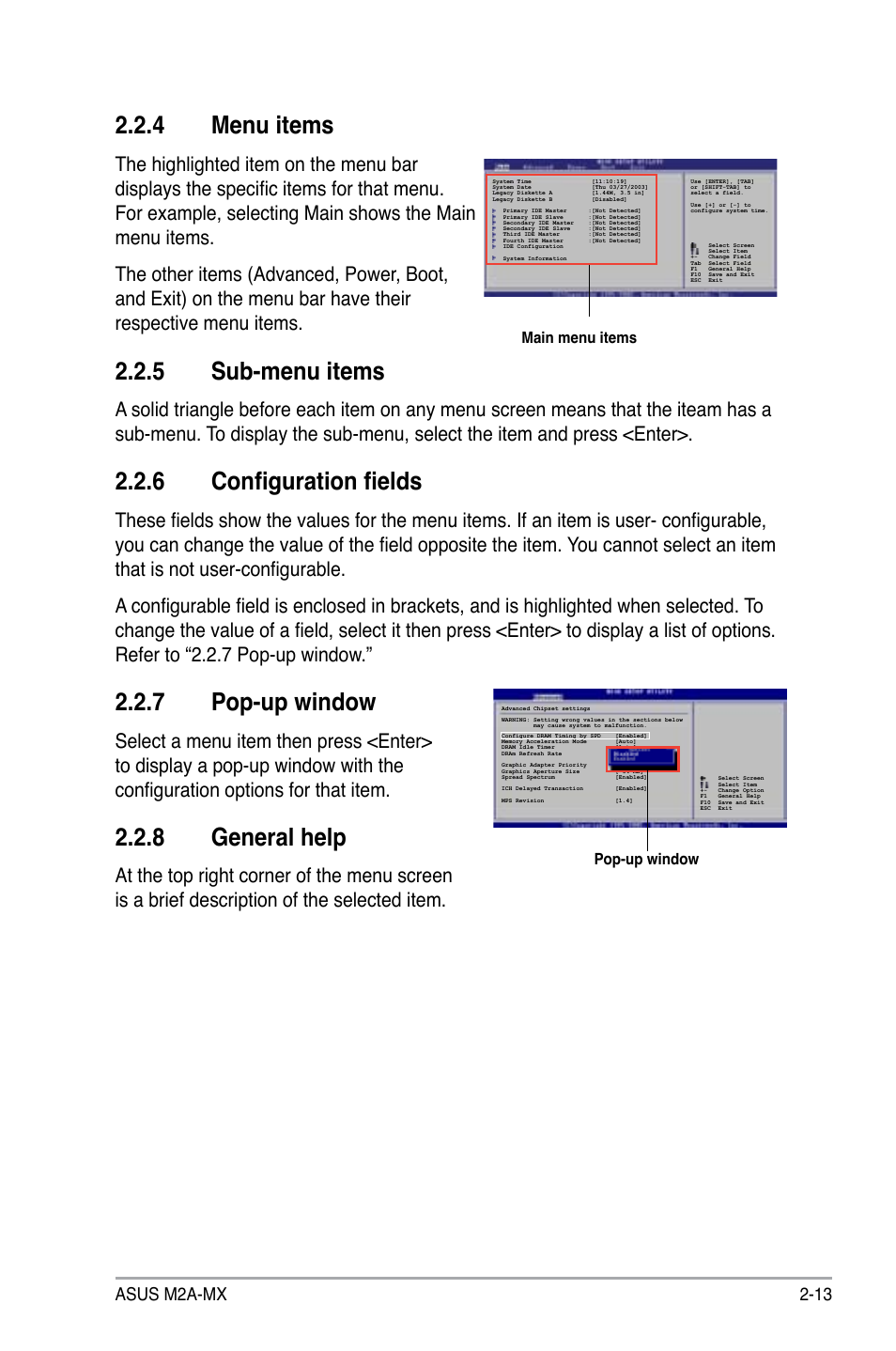 4 menu items, 5 sub-menu items, 6 configuration fields | 7 pop-up window, 8 general help, Asus m2a-mx 2-13 | Asus M2A-MX User Manual | Page 61 / 92