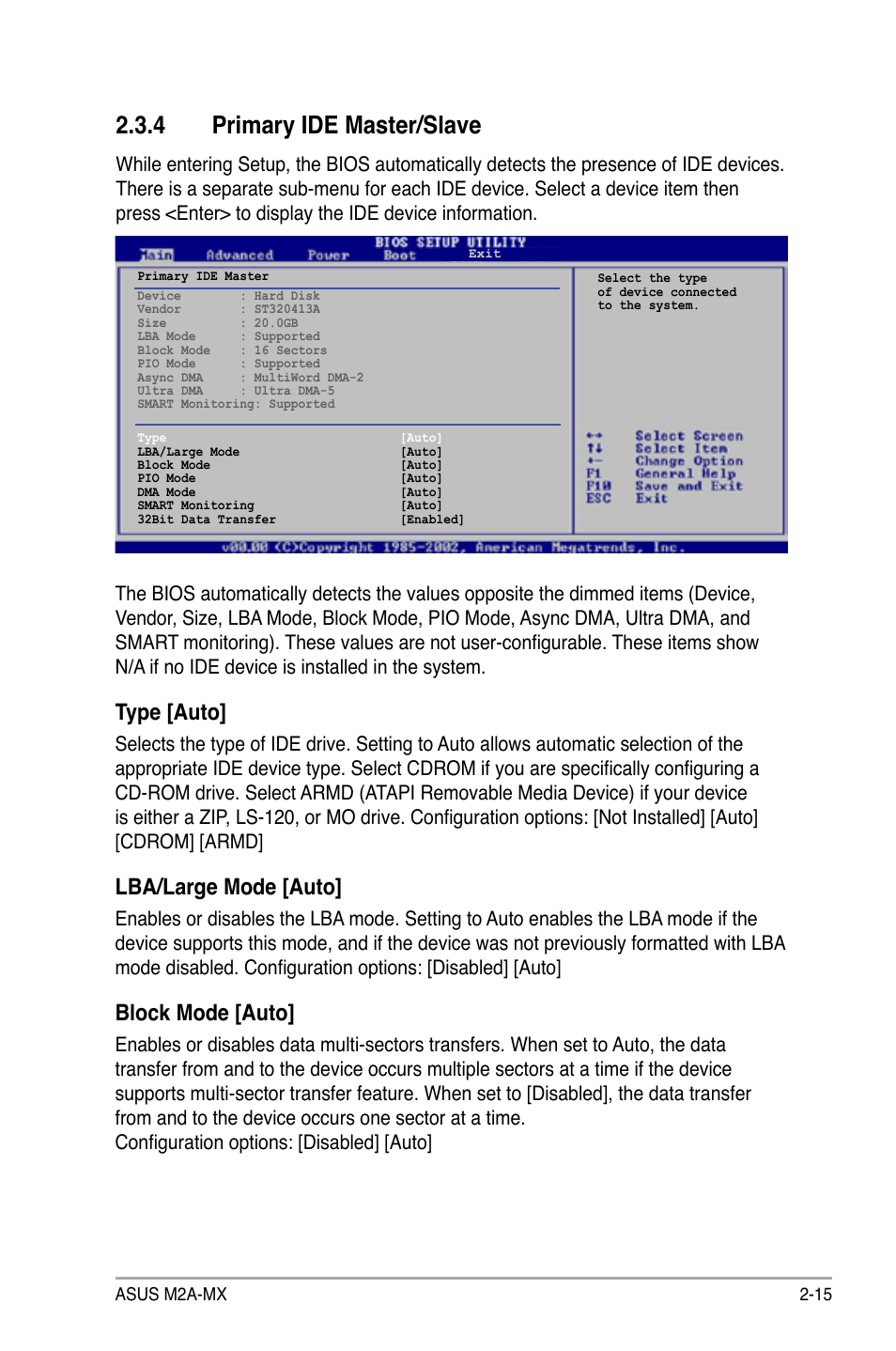 4 primary ide master/slave, Type [auto, Lba/large mode [auto | Block mode [auto | Asus M2A-MX User Manual | Page 63 / 92