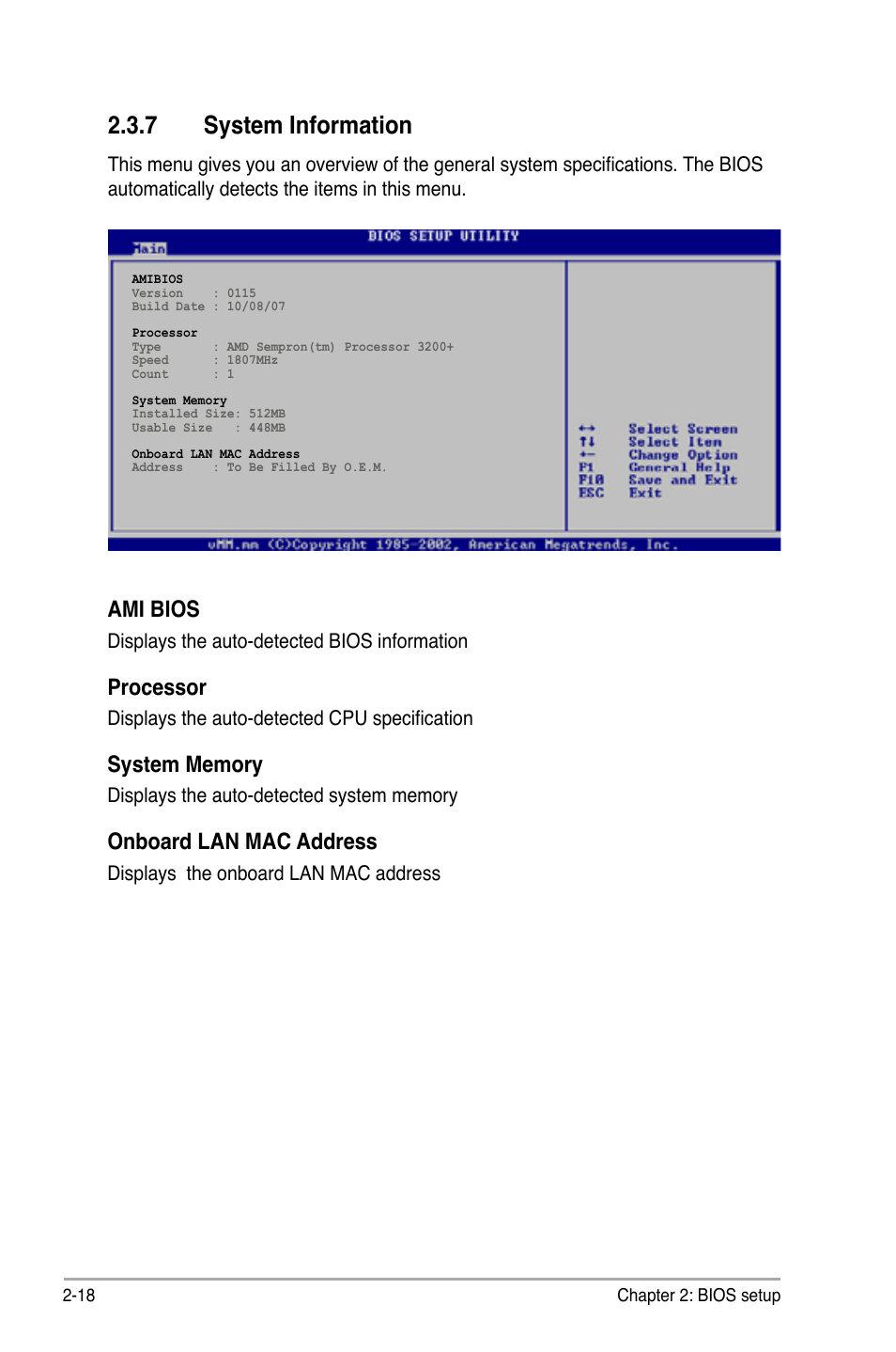 7 system information, Ami bios, Processor | Onboard lan mac address | Asus M2A-MX User Manual | Page 66 / 92