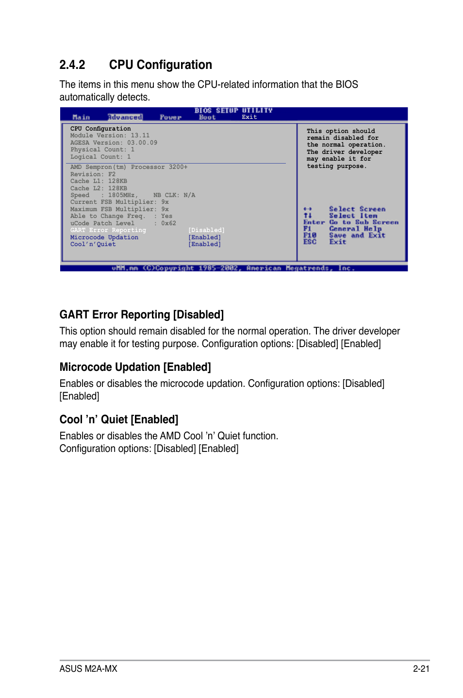 2 cpu configuration, Gart error reporting [disabled, Microcode updation [enabled | Cool ’n’ quiet [enabled | Asus M2A-MX User Manual | Page 69 / 92