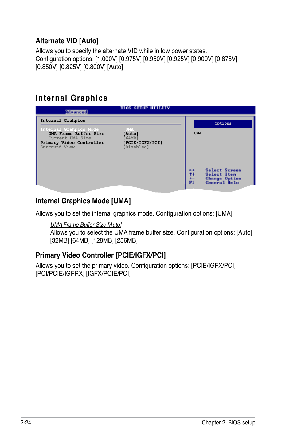 Internal graphics, Alternate vid [auto, Internal graphics mode [uma | Primary video controller [pcie/igfx/pci | Asus M2A-MX User Manual | Page 72 / 92