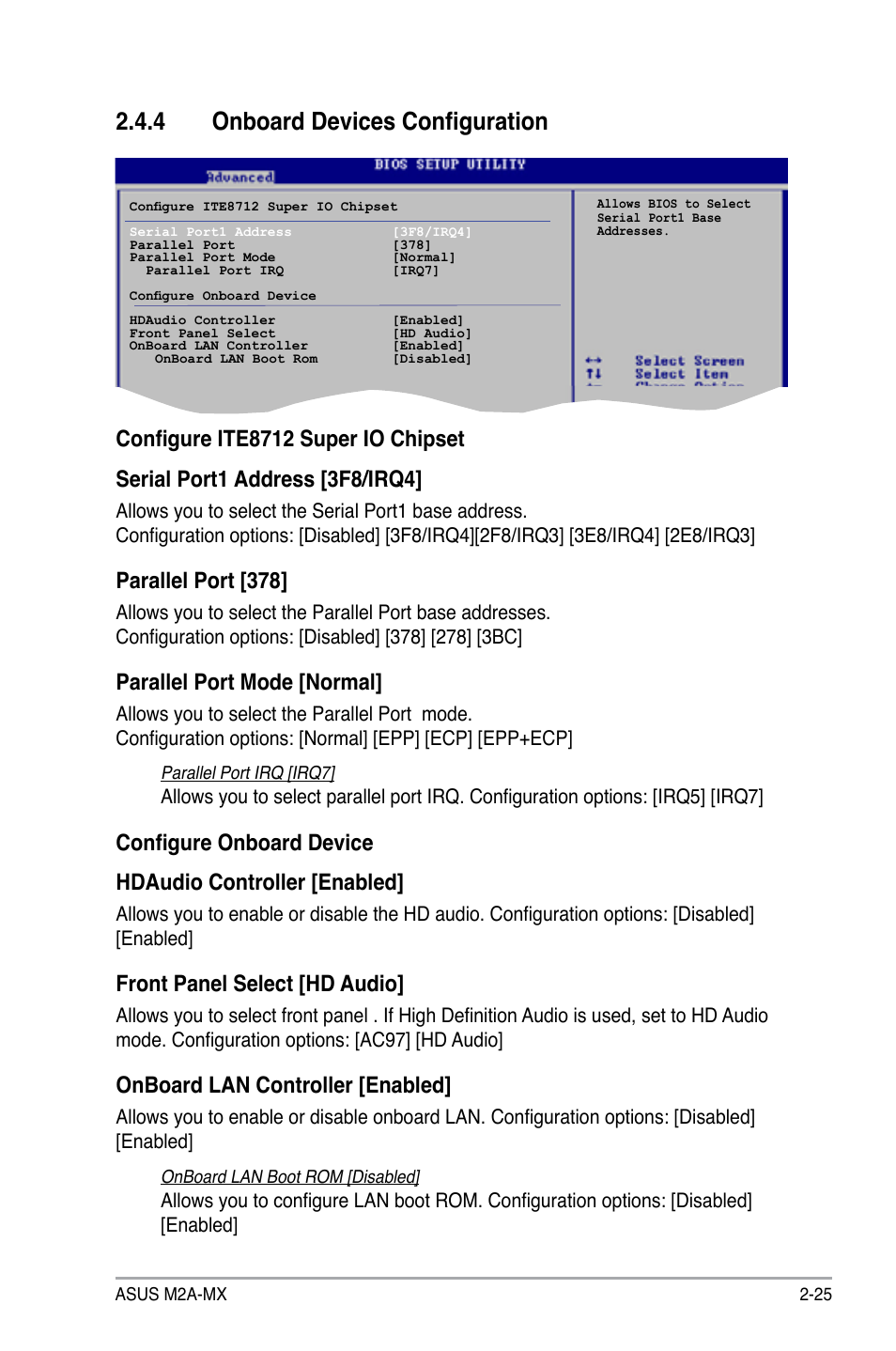 4 onboard devices configuration, Parallel port [378, Parallel port mode [normal | Front panel select [hd audio, Onboard lan controller [enabled | Asus M2A-MX User Manual | Page 73 / 92