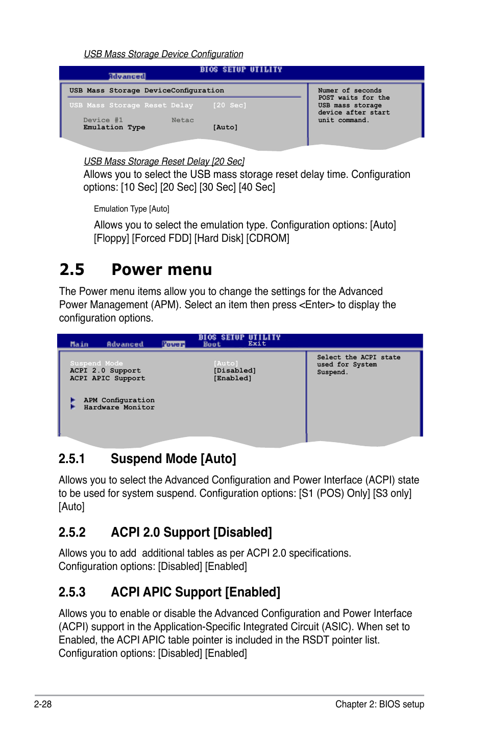 5 power menu, 1 suspend mode [auto, 2 acpi 2.0 support [disabled | 3 acpi apic support [enabled | Asus M2A-MX User Manual | Page 76 / 92