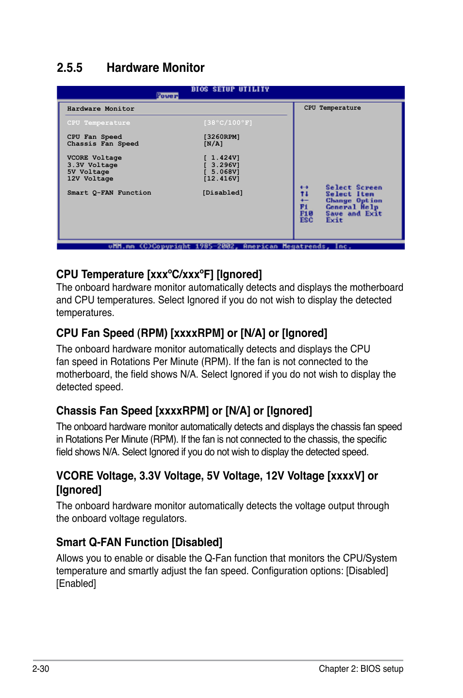 5 hardware monitor, Cpu temperature [xxxºc/xxxºf] [ignored, Smart q-fan function [disabled | Asus M2A-MX User Manual | Page 78 / 92