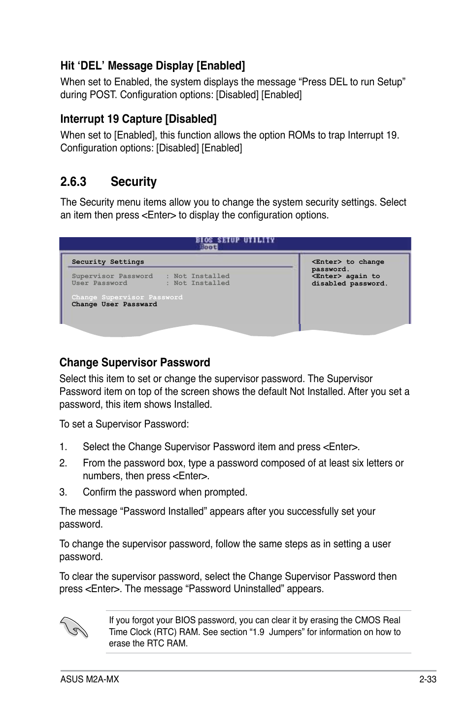 3 security, Hit ‘del’ message display [enabled, Interrupt 19 capture [disabled | Change supervisor password | Asus M2A-MX User Manual | Page 81 / 92