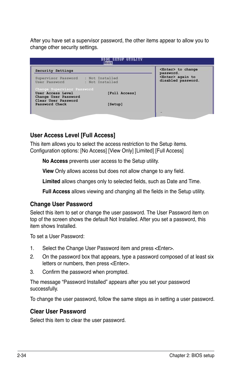 User access level [full access, Change user password, Clear user password | Select this item to clear the user password | Asus M2A-MX User Manual | Page 82 / 92