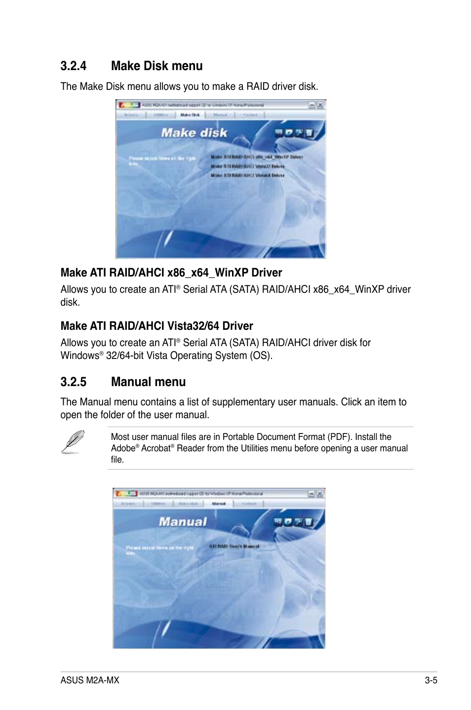 4 make disk menu, 5 manual menu, Make ati raid/ahci x86_x64_winxp driver | Make ati raid/ahci vista32/64 driver | Asus M2A-MX User Manual | Page 89 / 92