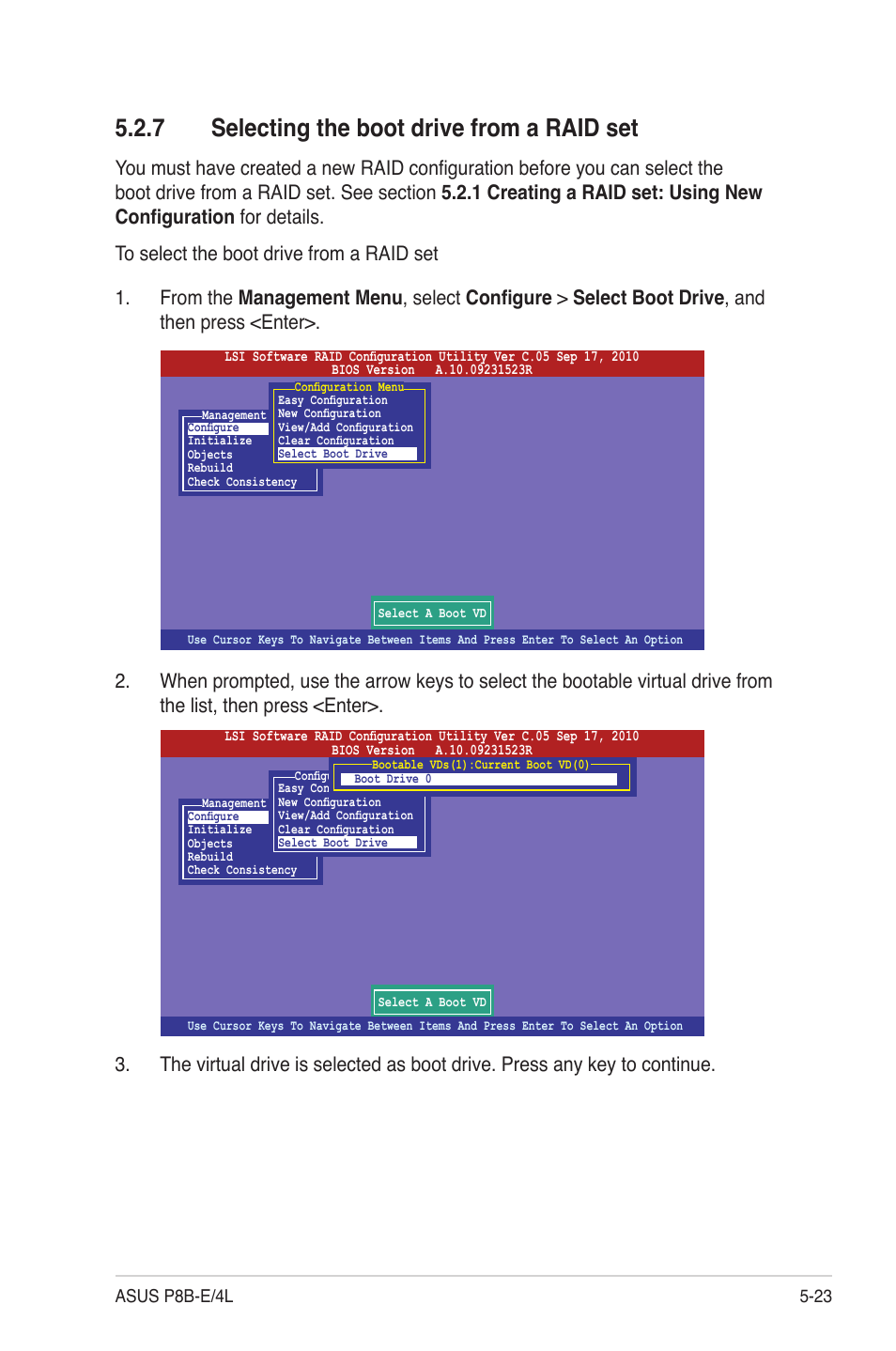 7 selecting the boot drive from a raid set, Selecting the boot drive from a raid set -23 | Asus P8B-E/4L User Manual | Page 113 / 154