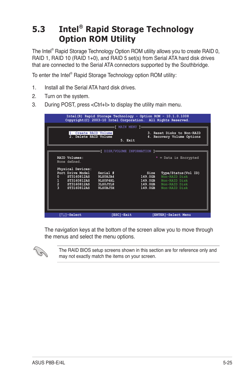 Intel, Rapid storage technology option rom utility -25, 3 intel | Rapid storage technology option rom utility, The intel | Asus P8B-E/4L User Manual | Page 115 / 154