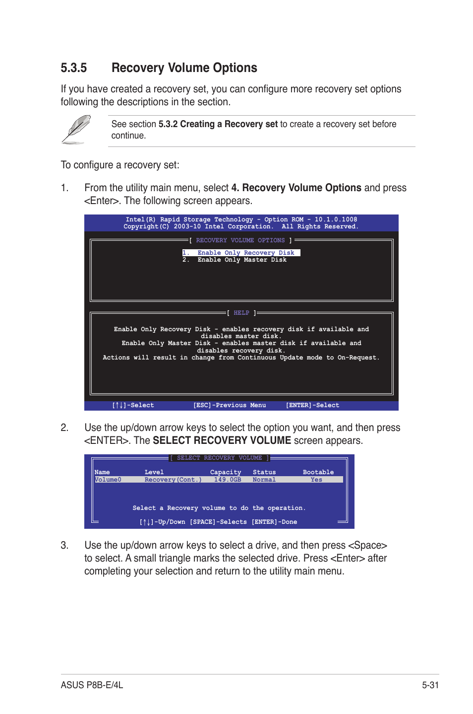 5 recovery volume options, Recovery volume options -31 | Asus P8B-E/4L User Manual | Page 121 / 154