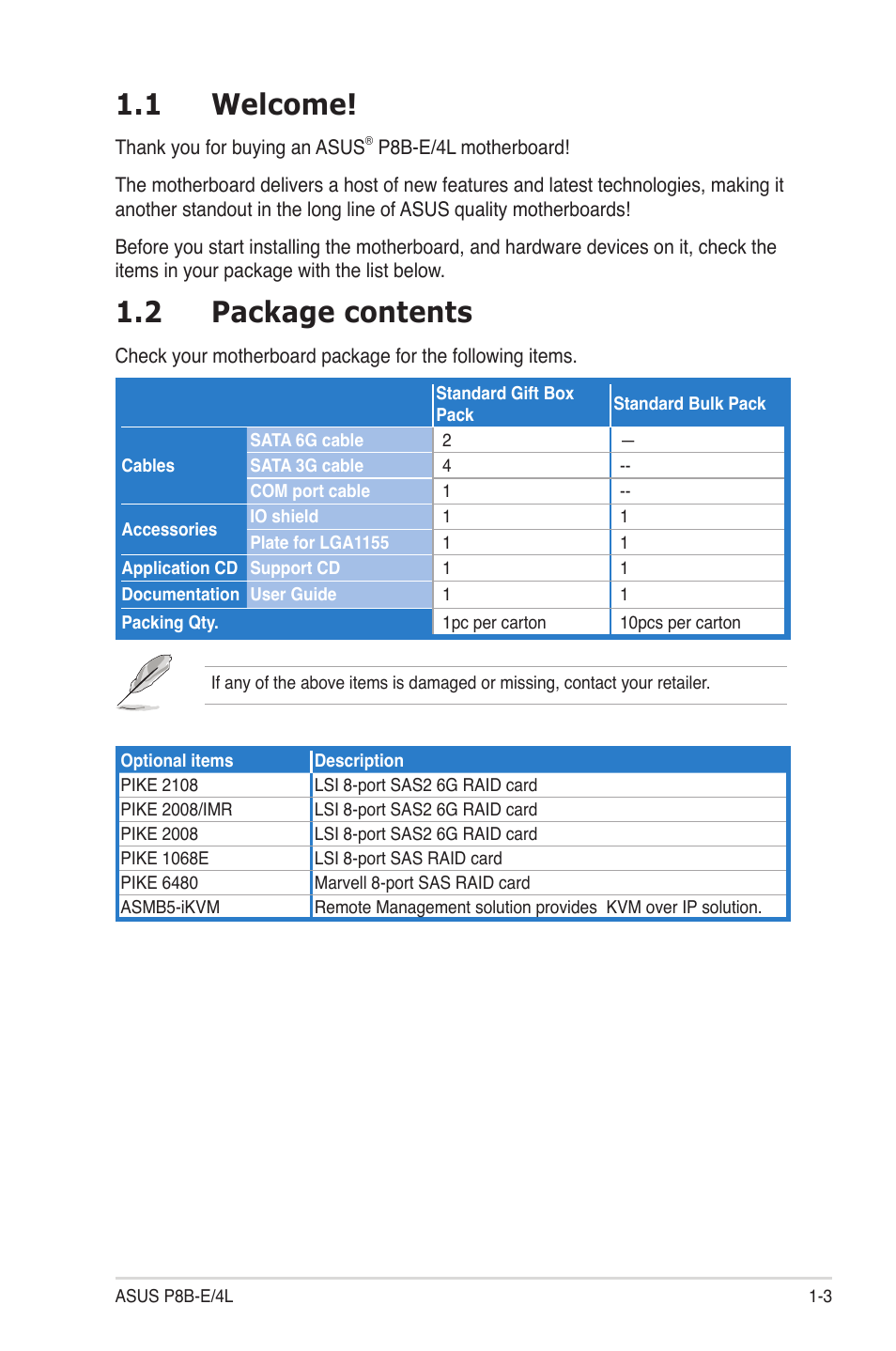 1 welcome, 2 package contents, Welcome! -3 | Package contents -3 | Asus P8B-E/4L User Manual | Page 15 / 154