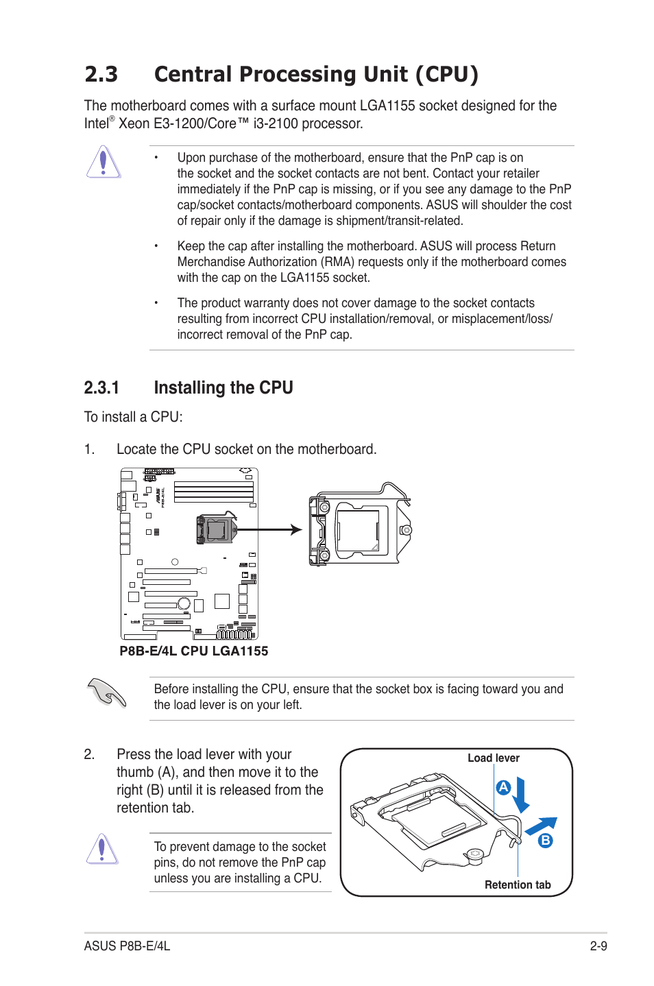 3 central processing unit (cpu), 1 installing the cpu, Central processing unit (cpu) -9 2.3.1 | Installing the cpu -9 | Asus P8B-E/4L User Manual | Page 27 / 154