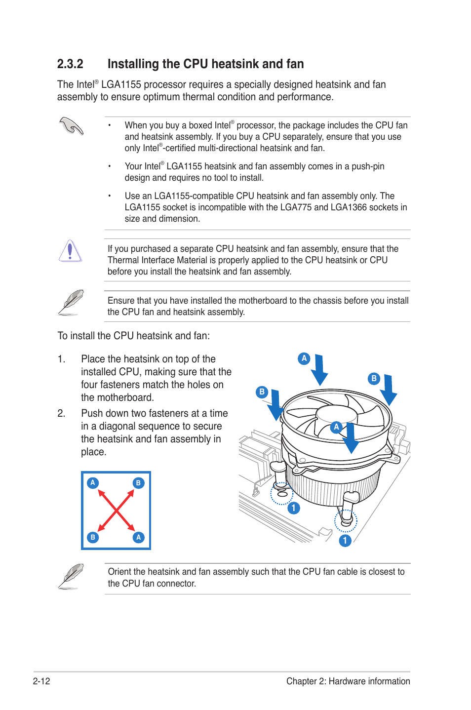 2 installing the cpu heatsink and fan, Installing the cpu heatsink and fan -12 | Asus P8B-E/4L User Manual | Page 30 / 154