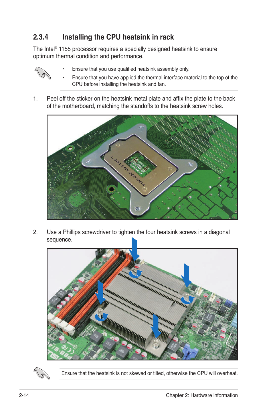 4 installing the cpu heatsink in rack, Installing the cpu heatsink in rack -14 | Asus P8B-E/4L User Manual | Page 32 / 154