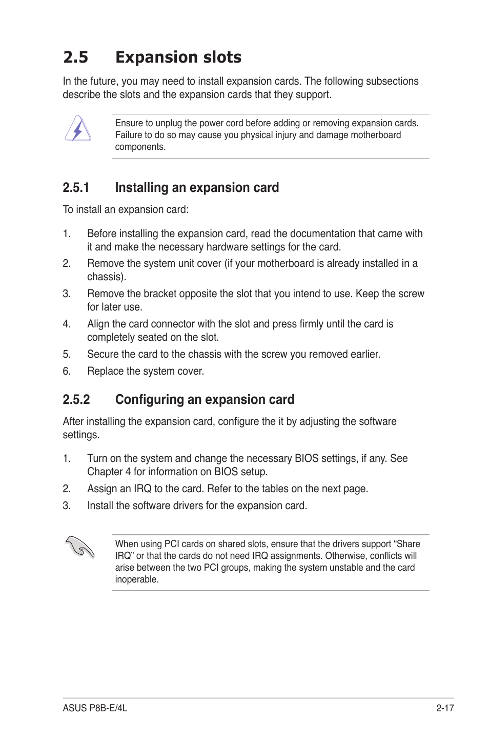 5 expansion slots, 1 installing an expansion card, 2 configuring an expansion card | Expansion slots -17 2.5.1, Installing an expansion card -17, Configuring an expansion card -17 | Asus P8B-E/4L User Manual | Page 35 / 154