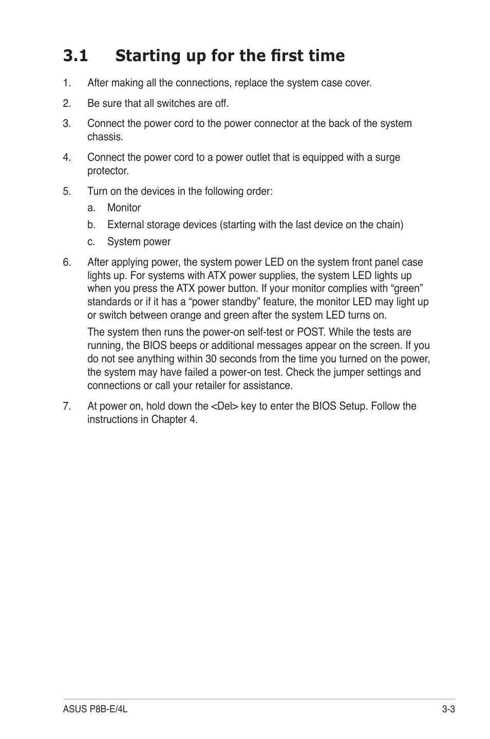 1 starting up for the first time, Starting up for the first time -3 | Asus P8B-E/4L User Manual | Page 59 / 154