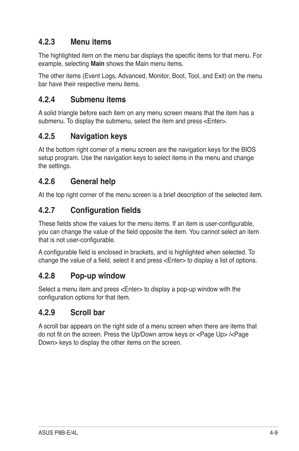 3 menu items, 4 submenu items, 5 navigation keys | 6 general help, 7 configuration fields, 8 pop-up window, 9 scroll bar, Menu items -9, Submenu items -9, Navigation keys -9 | Asus P8B-E/4L User Manual | Page 69 / 154