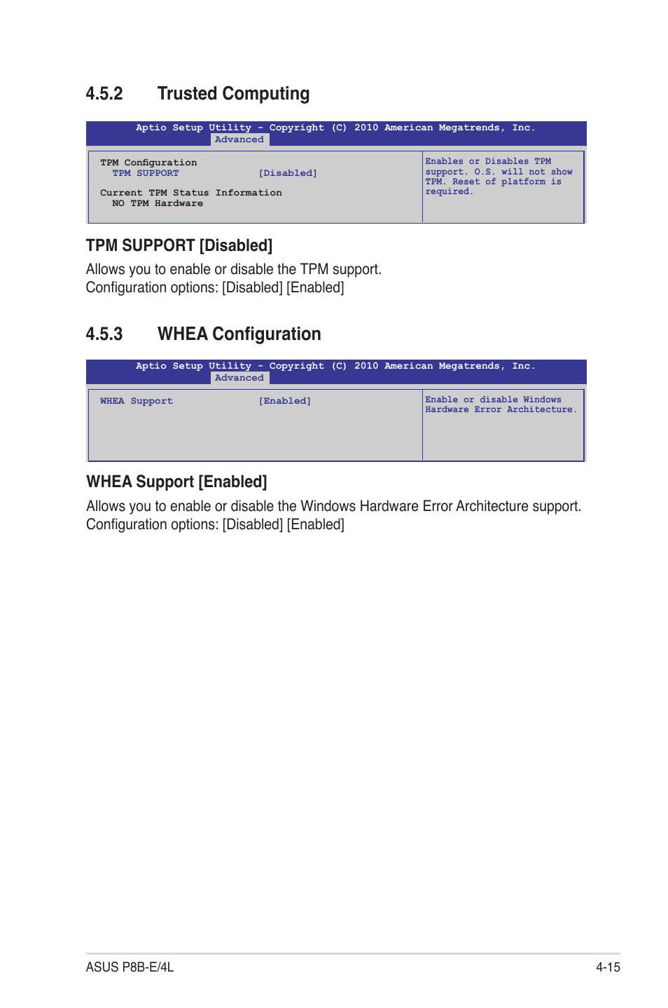 2 trusted computing, 3 whea configuration, Trusted computing -15 | Whea configuration -15, Tpm support [disabled, Whea support [enabled | Asus P8B-E/4L User Manual | Page 75 / 154