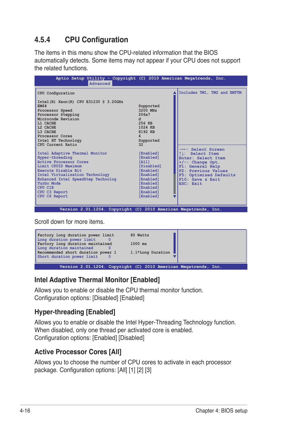 4 cpu configuration, Cpu configuration -16, Intel adaptive thermal monitor [enabled | Hyper-threading [enabled, Active processor cores [all, 16 chapter 4: bios setup | Asus P8B-E/4L User Manual | Page 76 / 154