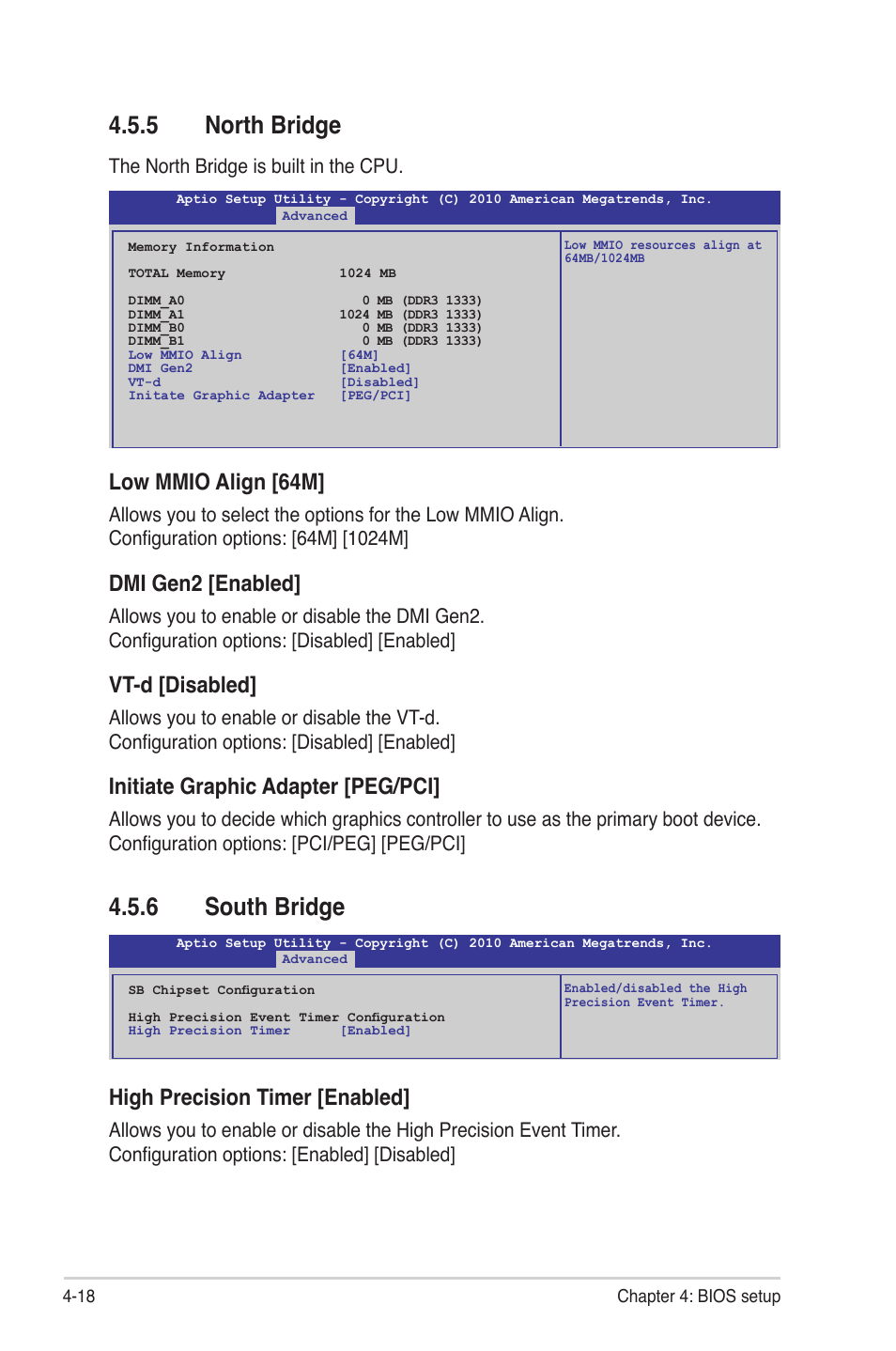 5 north bridge, 6 south bridge, North bridge -18 | South bridge -18, Low mmio align [64m, Dmi gen2 [enabled, Vt-d [disabled, Initiate graphic adapter [peg/pci, High precision timer [enabled | Asus P8B-E/4L User Manual | Page 78 / 154